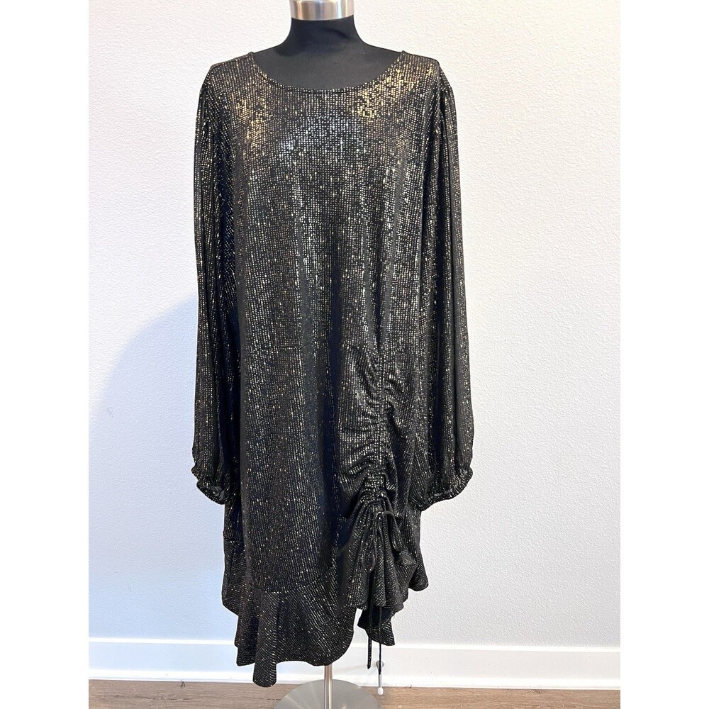 TORRID 5X(28) Black Gold Fit & Flare Mini Studio Knit Ruched Dress Crew Neck - Picture 6 of 16